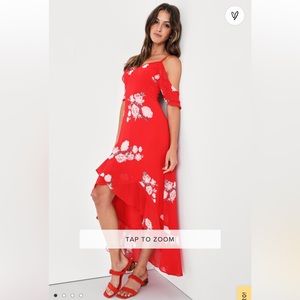 Red floral ruffle dress.